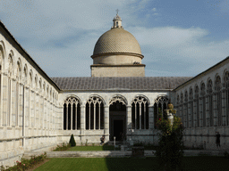 Miaomiao at the inner courtyard and the tower of the Camposanto Monumentale cemetery