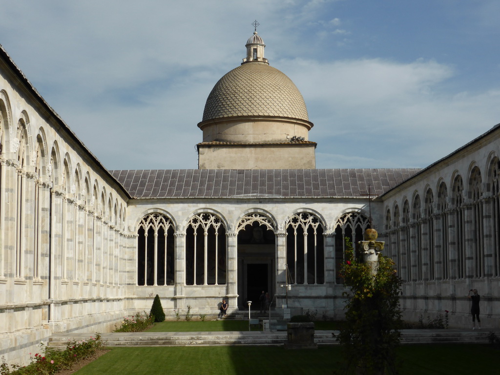 Miaomiao at the inner courtyard and the tower of the Camposanto Monumentale cemetery