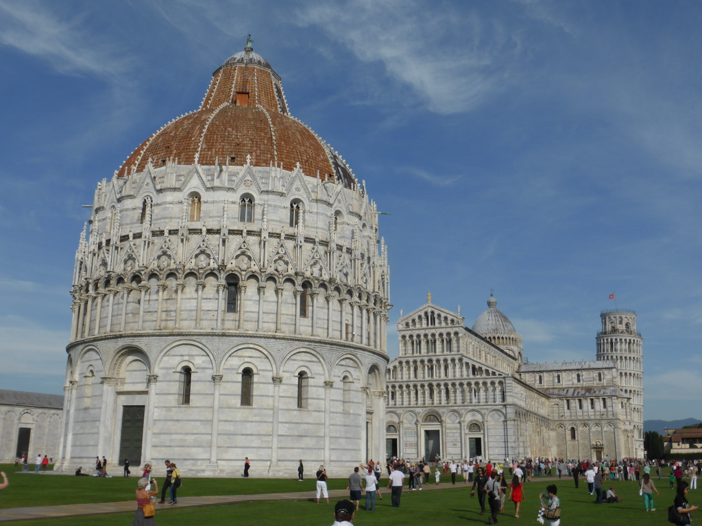 The Piazza del Duomo square with the Camposanto Monumentale cemetery, the Baptistry of St. John, the Pisa Duomo cathedral and the Leaning Tower of Pisa