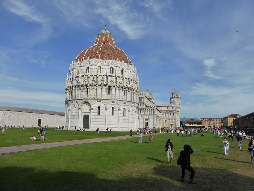 The Piazza del Duomo square with the Camposanto Monumentale cemetery, the Baptistry of St. John, the Pisa Duomo cathedral and the Leaning Tower of Pisa