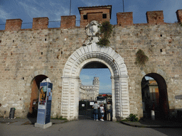 Western City Wall Gate at the Piazza Manin square, with a view on the Piazza del Duomo square with the Pisa Duomo cathedral and the Leaning Tower of Pisa