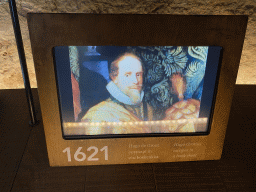 TV screen with a portrait of Hugo de Groot at the ground floor of the Powder Tower at Loevestein Castle, with explanation