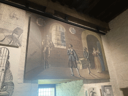 Painting of Hugo de Groot`s escape at the 400 Years Hugo de Groot exhibition at the Middle Floor of Loevestein Castle