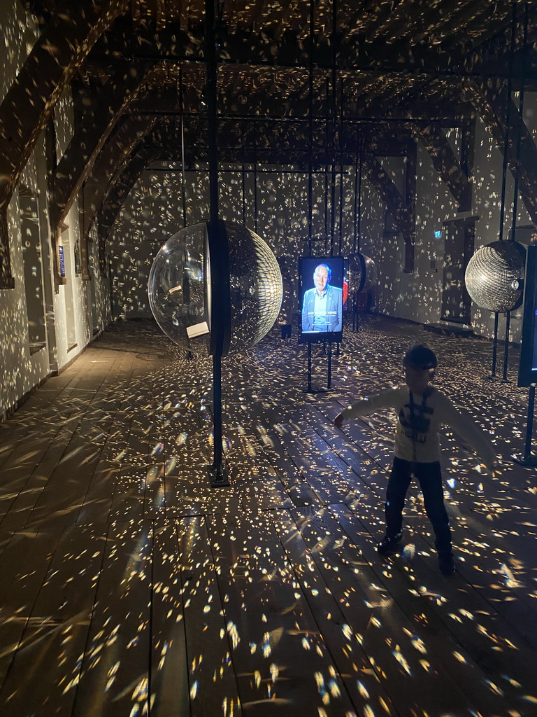 Max at the `Universe of Thoughts` room at the 400 Years Hugo de Groot exhibition at the Middle Floor of Loevestein Castle