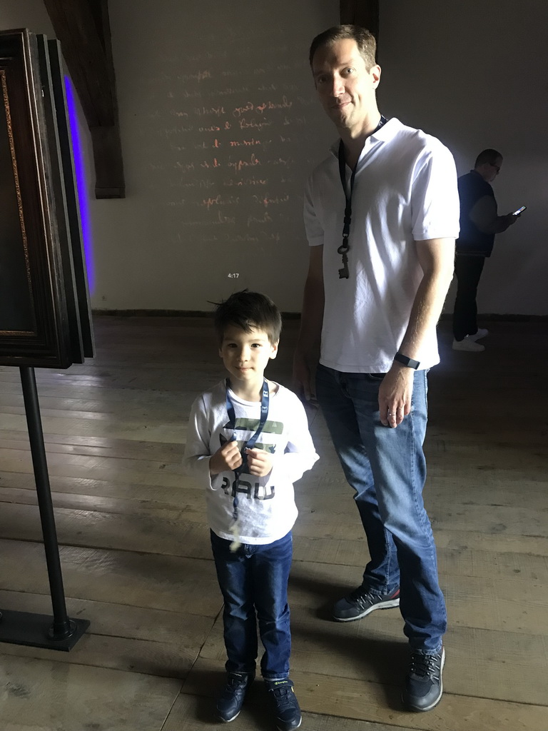 Tim and Max at Hugo de Groot`s former prison cell at the 400 Years Hugo de Groot exhibition at the Middle Floor of Loevestein Castle