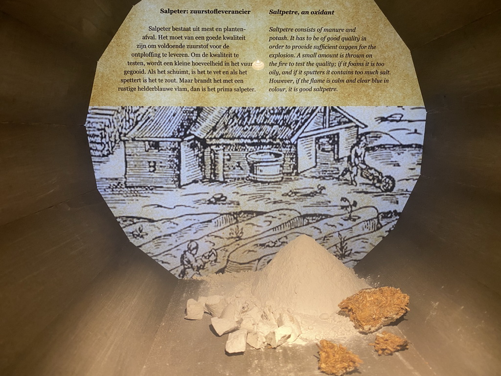 Saltpetre at the middle floor of the Powder Tower at Loevestein Castle, with explanation