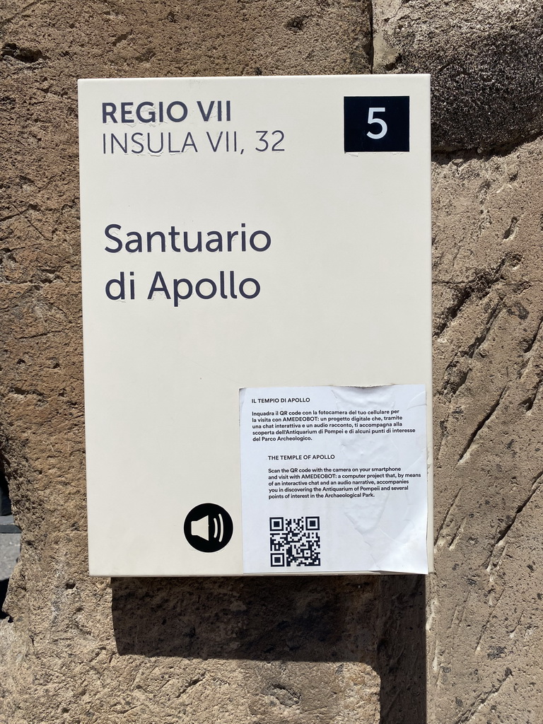 Sign in front of the Temple of Apollo at the Pompeii Archeological Site