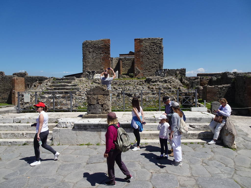 Altar and walls at the Temple of Fortuna Augusta at the Pompeii Archeological Site, viewed from the Via di Mercurio street