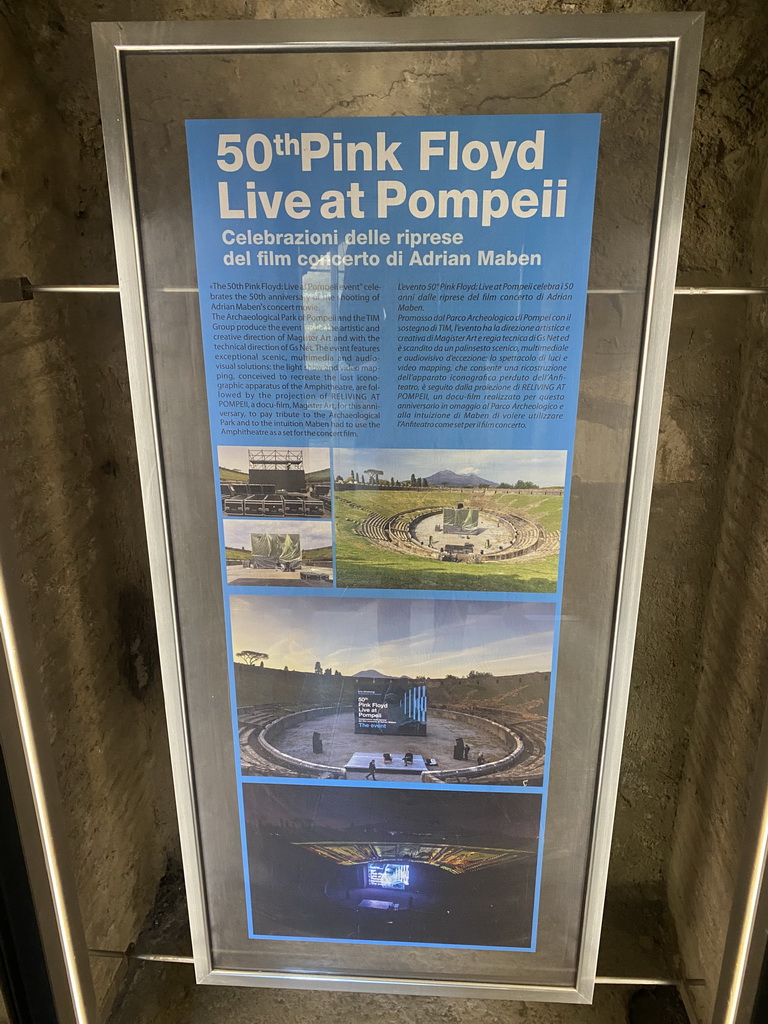 Photographs and information on the 50th anniversary of the the `Pink Floyd - Live at Pompeii` movie at the southeast catacombs of the Amphitheatre at the Pompeii Archeological Site