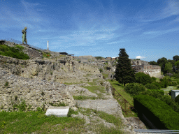 Statue of Daedalus by Igor Mitoraj at the Sanctuary of Venus and the south side of the Pompeii Archeological Site, viewed from the path next to the Antiquarium