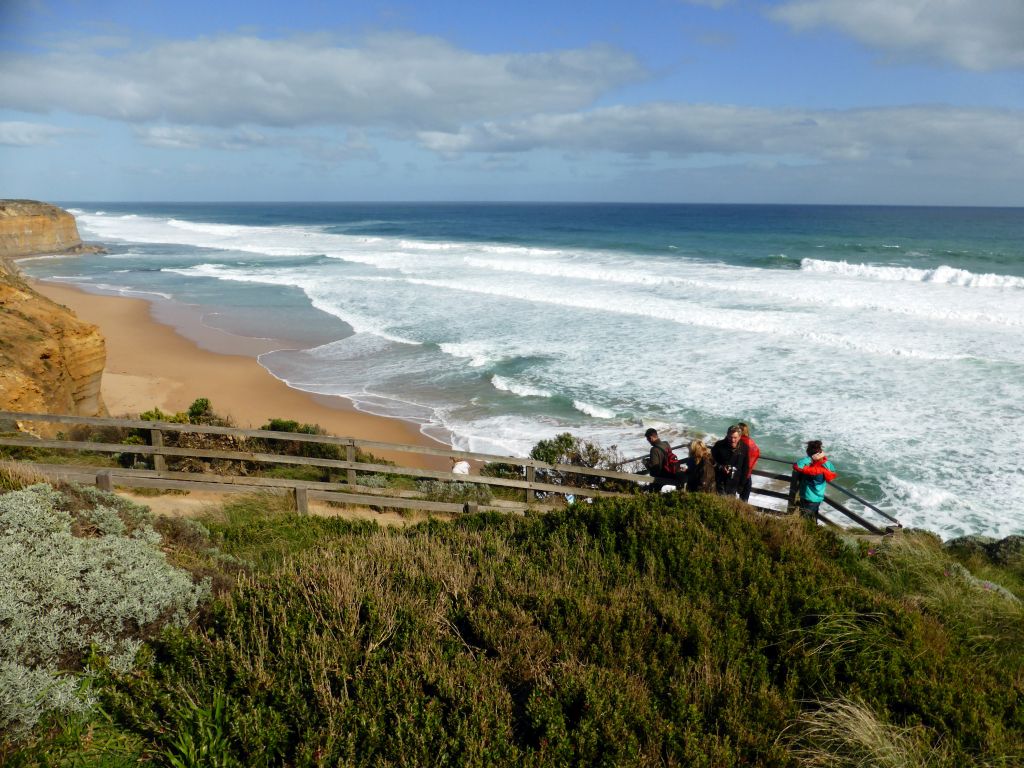 Top of the Gibson Steps and the beach and cliffs at the coastline at the southeast side