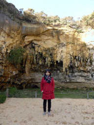 Miaomiao with cliff and plants at the northwest side of the Loch Ard Gorge