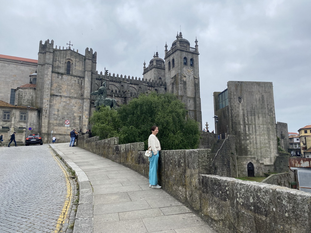 Miaomiao at the Rua Tareija Vaz de Altaro street, with a view on the north side of the Porto Cathedral