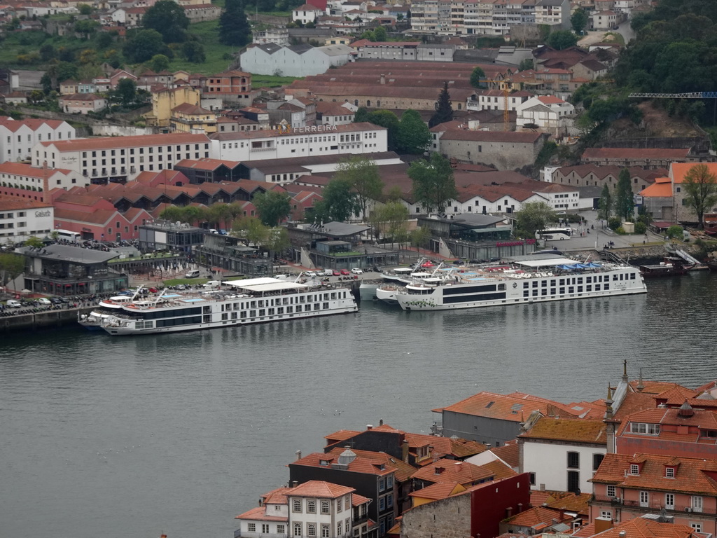Boats on the Douro river and Vila Nova de Gaia, viewed from the South Tower of the Porto Cathedral
