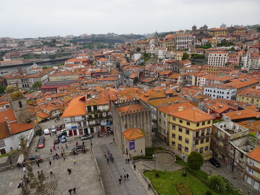 The city center with the Terreiro da Sé square with the Pelourinho do Porto pillar, the Calçada Dom Pedro Pitões street with the Tourist Office, the Palácio da Bolsa palace and the Igreja de Nossa Senhora da Vitória church, the Douro river and Vila Nova de Gaia, viewed from the South Tower of the Porto Cathedral