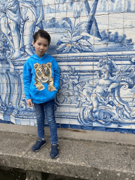 Max with painted tiles at the terrace of the Porto Cathedral