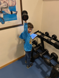 Max with a dumbell at the fitness room at the Hotel Vila Galé Porto