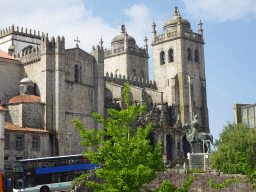 The north side of the Porto Cathedral and the equestrian statue of Vímara Peres at the Calçada de Vandoma street, viewed from the sightseeing bus at the Avenida Dom Afonso Henriques street