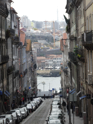 The Rua de São João street, the Douro river and Vila Nova de Gaia, viewed from the sightseeing bus at the Largo São Domingos square