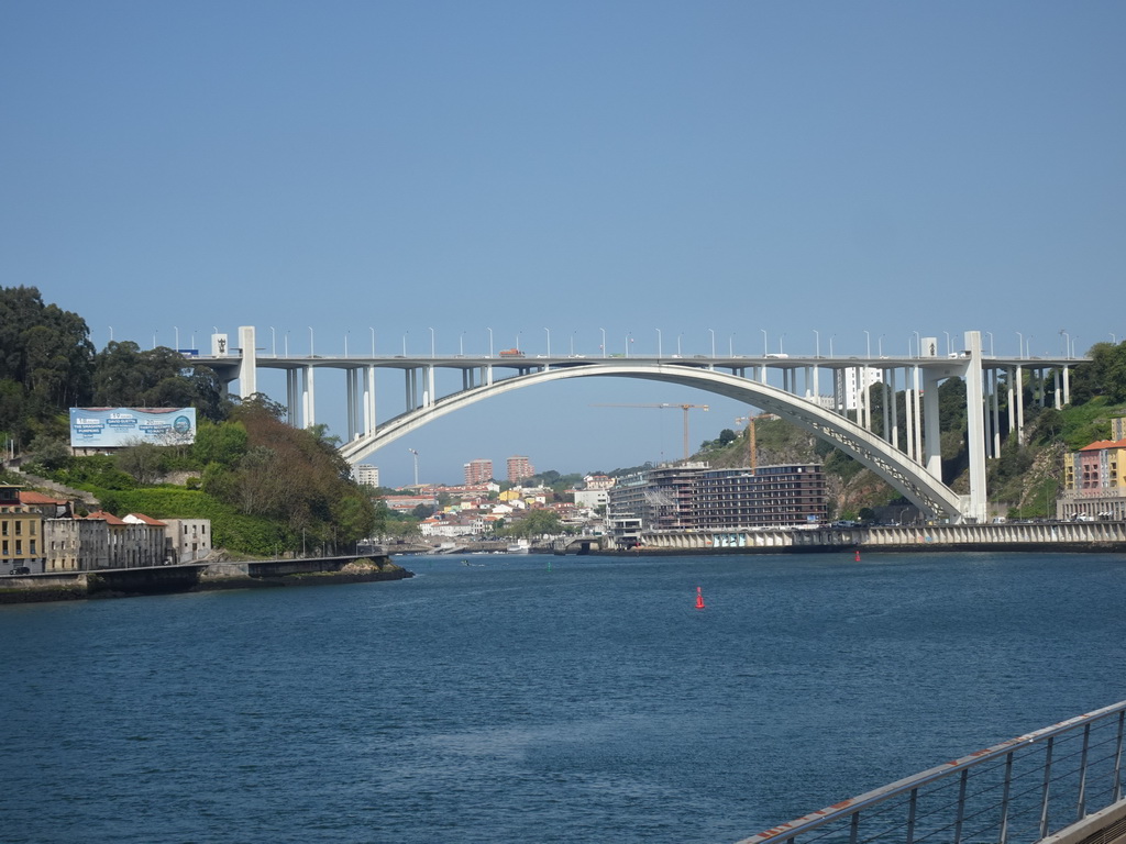 The Ponte da Arrábida bridge over the Douro river, viewed from the sightseeing bus on the Viaduto do Cais das Pedras viaduct