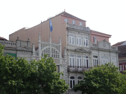 Facades of the Livraria Lello bookstore and other buildings at the Rua das Carmelitas street, viewed from the sightseeing bus at the Rua do Dr. Ferreira da Silva street