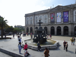 The Fonte dos Leões fountain in front of the Loja da Universidade do Porto building at the Praça de Gomes Teixeira square, viewed from the sightseeing bus