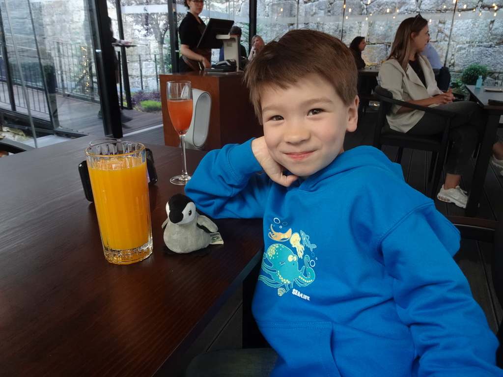 Max with drinks and a plush penguin at the Cúmplice Steakhouse & Bar