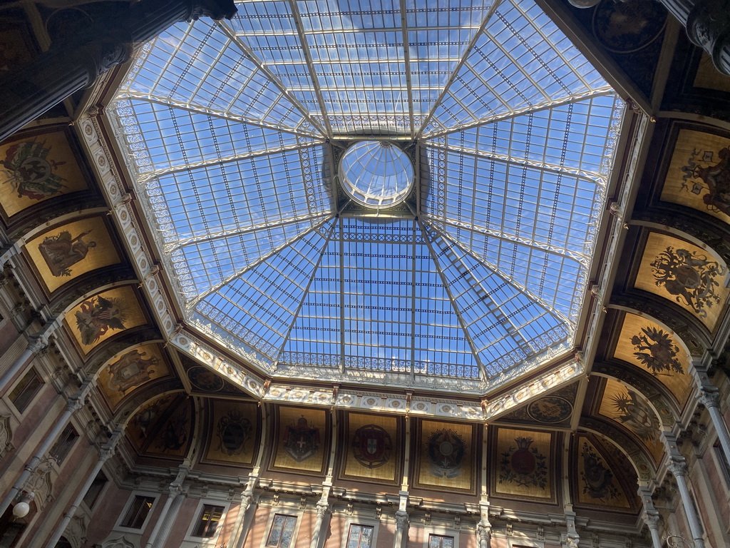 Ceiling of the Pátio das Nações courtyard at the Palácio da Bolsa palace, viewed from the east gallery at the ground floor