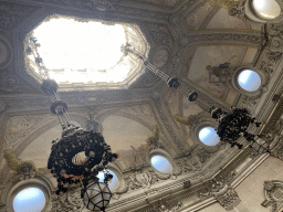 Chandeleers and ceiling above the Noble Staircase at the west side of the Palácio da Bolsa palace