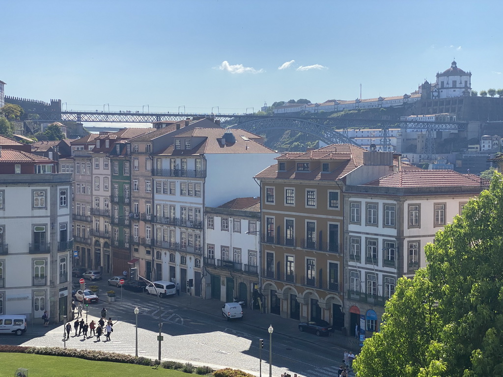 The Praça do Infante D. Henrique square, the Ponte Luís I bridge and the Mosteiro da Serra do Pilar monastery at Vila Nova de Gaia, viewed from the Former Presidents Gallery at the southeast side of the upper floor of the Palácio da Bolsa palace