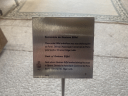 Explanation on the Desk of Gustave Eiffel at Gustave Eiffel`s Room at the east side of the upper floor of the Palácio da Bolsa palace