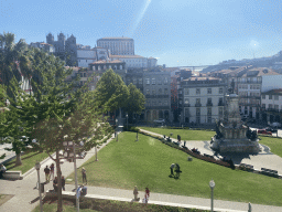 The Praça do Infante D. Henrique square with the statue of Infante D. Henrique, the towers of the Igreja dos Grilos church and the Porto Cathedral, the Paço Episcopal do Porto palace and the Ponte Luís I bridge, viewed from the Golden Room at the northeast side of the upper floor of the Palácio da Bolsa palace