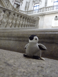 Max`s plush penguin at the Noble Staircase at the west side of the Palácio da Bolsa palace