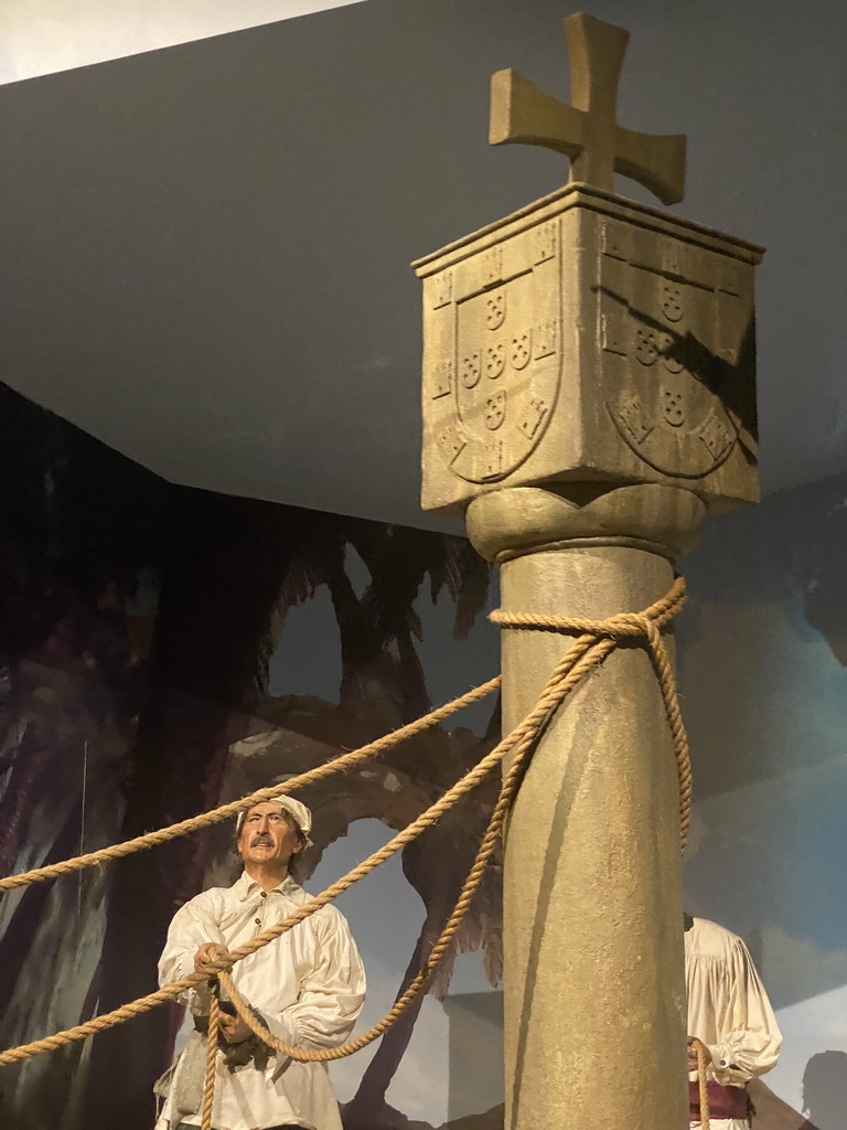 Statues and column at the Brazil section of the boat ride at the World of Discoveries museum