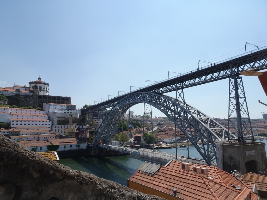 The Mosteiro da Serra do Pilar monastery at Vila Nova de Gaia and the Ponte Luís I bridge over the Douro river, viewed from the Escada dos Guindais staircase