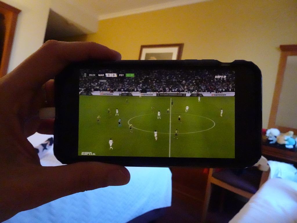 Tim`s iPhone with the football match Olympique Marseille - Feyenoord at our room at the Hotel Vila Galé Porto
