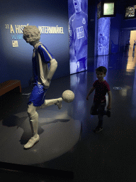 Max with a statue of Rabah Madjer at the FC Porto Museum at the Estádio do Dragão stadium