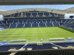 The pitch, dugouts and grandstands of the Estádio do Dragão stadium, viewed from the board`s seats