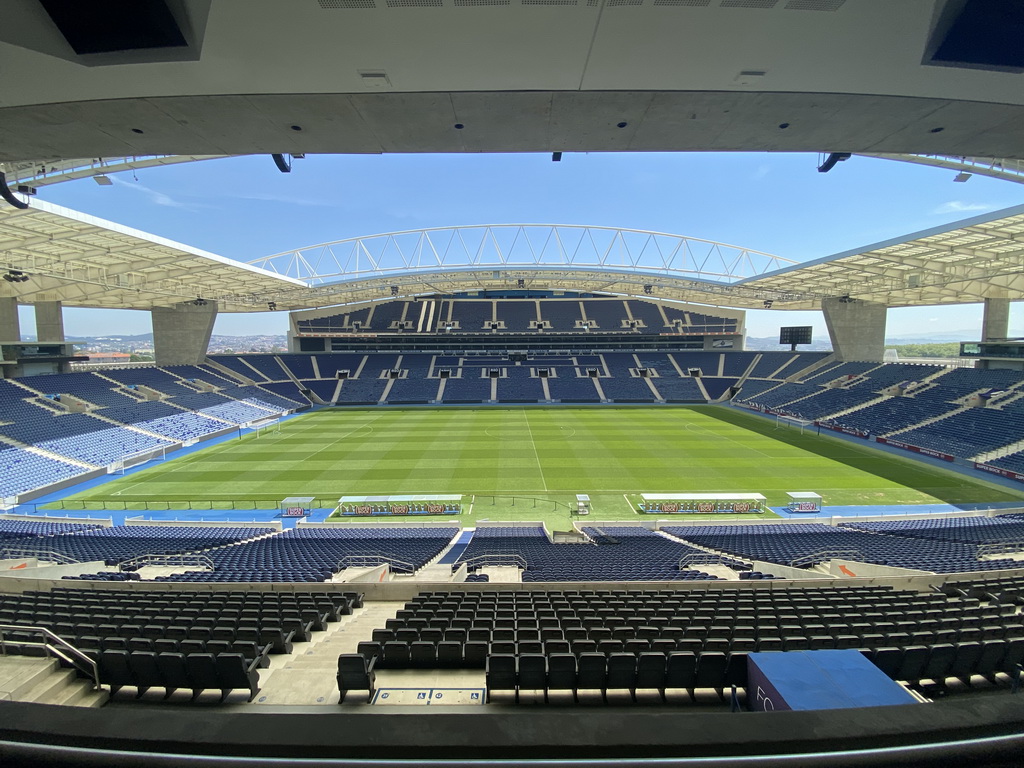 The pitch, dugouts and grandstands of the Estádio do Dragão stadium, viewed from the board`s seats