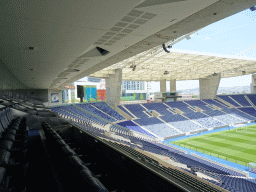 The pitch and northwest grandstand of the Estádio do Dragão stadium, viewed from the board`s seats