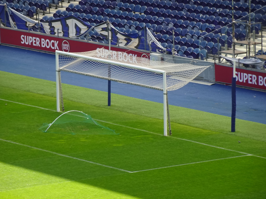 The pitch with the south goal at the Estádio do Dragão stadium, viewed from the board`s seats