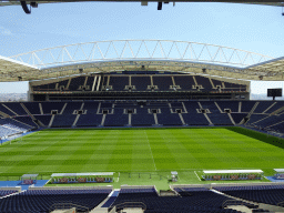 The pitch, dugouts and grandstands of the Estádio do Dragão stadium, viewed from the board`s seats
