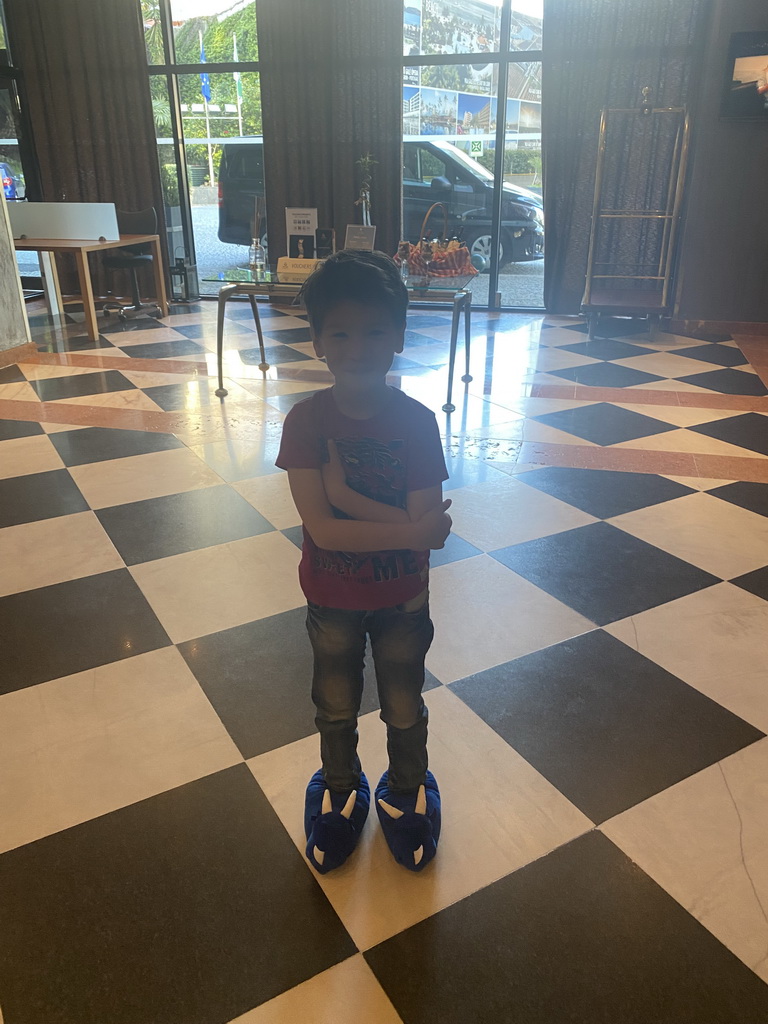 Max with plush slippers in the lobby of the Hotel Vila Galé Porto