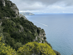 The town of Praiano and a boat in the Tyrrhenian Sea, viewed from viewpoint 5 at the Amalfi Drive