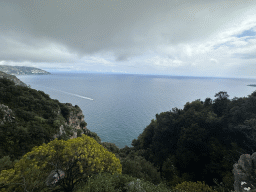 The town of Praiano and a boat in the Tyrrhenian Sea, viewed from viewpoint 5 at the Amalfi Drive