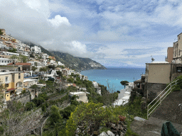 The town center, the town of Praiano and the Tyrrhenian Sea, viewed from the Viale Pasitea street