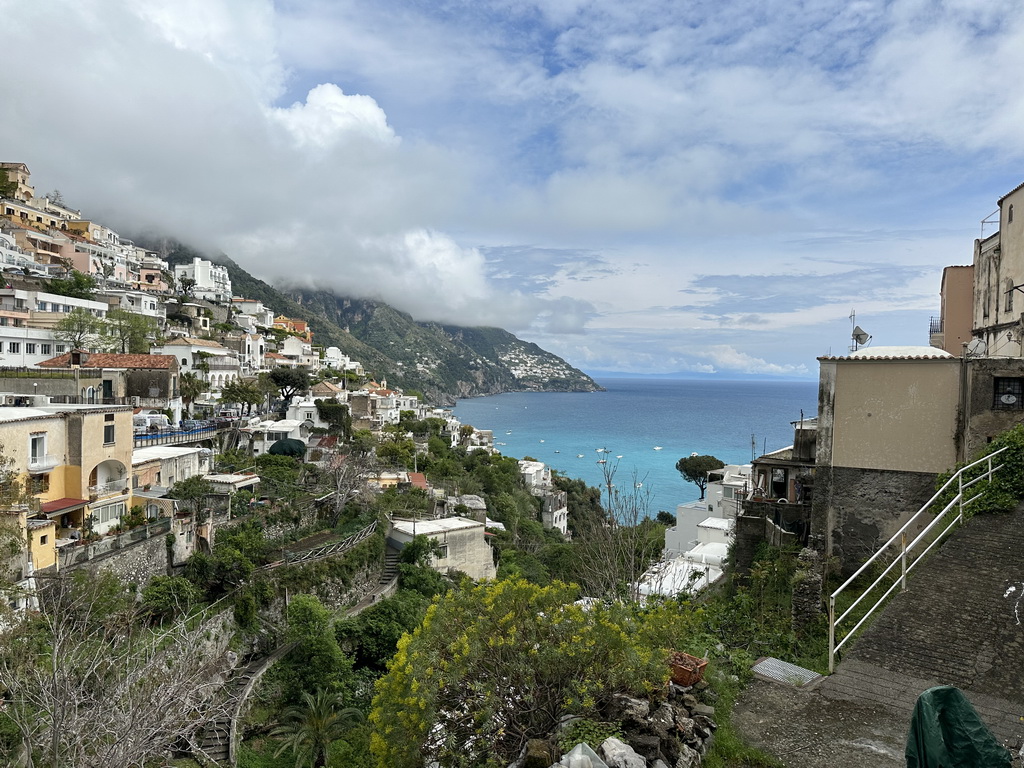 The town center, the town of Praiano and the Tyrrhenian Sea, viewed from the Viale Pasitea street