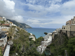 The town center, the town of Praiano and the Tyrrhenian Sea, viewed from the Viale Pasitea street