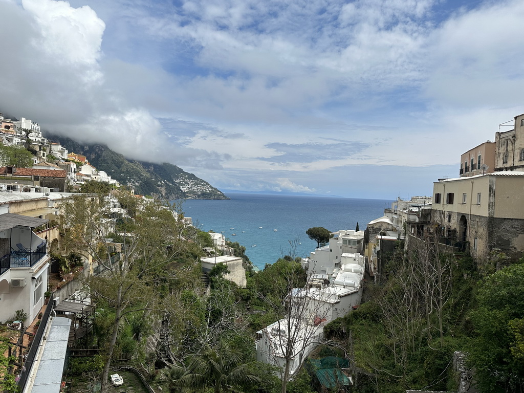 The town center, the town of Praiano and the Tyrrhenian Sea, viewed from the Viale Pasitea street