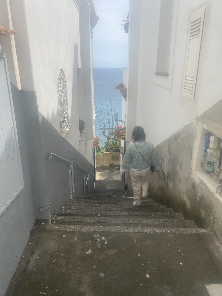 Miaomiao at a staircase at the Viale Pasitea street